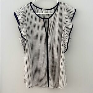 Spense Brand Capulet Black-Trimmed White Polka Dot Blouse Size L